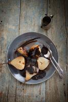 Chardonnay Poached Pears with Dark Chocolate Ganache
